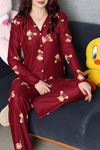 Kadın Süet Düğmeli Pijama Takımı Bordo