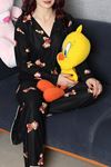 Kadın Süet Düğmeli Pijama Takımı Siyahkırmızı