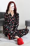Kadın Süet Düğmeli Pijama Takımı Siyahvizon