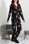 Kadın Süet Düğmeli Pijama Takımı Siyahkırmızı