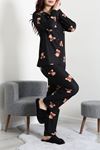Kadın Süet Düğmeli Pijama Takımı Siyahkırmızı