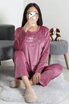 Kadın Fransız Kadife Enjeksiyon Baskı Pijama Takımı Gül Kurusu