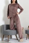 Kadın Fransız Kadife Enjeksiyon Baskı Pijama Takımı Vizon
