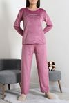Kadın Fransız Kadife Enjeksiyon Baskı Pijama Takımı Gül Kurusu