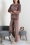 Kadın Fransız Kadife Enjeksiyon Baskı Pijama Takımı Vizon