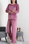 Kadın Fransız Kadife Enjeksiyon Baskı Pijama Takımı Gül Kurusu