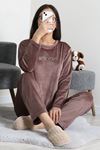 Kadın Fransız Kadife Enjeksiyon Baskı Pijama Takımı Vizon