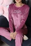 Kadın Fransız Kadife Enjeksiyon Baskı Pijama Takımı Gül Kurusu