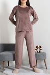 Kadın Fransız Kadife Enjeksiyon Baskı Pijama Takımı Vizon