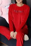 Kadın Fransız Kadife Enjeksiyon Baskı Pijama Takımı Kırmızı