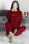 Kadın Fransız Kadife Enjeksiyon Baskı Pijama Takımı Bordo