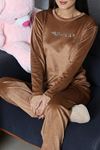 Kadın Fransız Kadife Enjeksiyon Baskı Pijama Takımı Camel