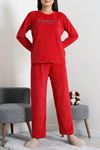 Kadın Fransız Kadife Enjeksiyon Baskı Pijama Takımı Kırmızı