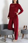 Kadın Fransız Kadife Enjeksiyon Baskı Pijama Takımı Bordo