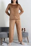 Kadın Fransız Kadife Enjeksiyon Baskı Pijama Takımı Camel