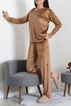 Kadın Fransız Kadife Enjeksiyon Baskı Pijama Takımı Camel