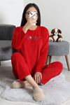 Kadın Fransız Kadife Enjeksiyon Baskı Pijama Takımı Kırmızı