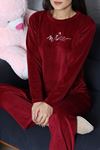 Kadın Fransız Kadife Enjeksiyon Baskı Pijama Takımı Bordo