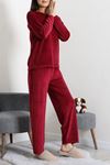 Kadın Fransız Kadife Enjeksiyon Baskı Pijama Takımı Bordo