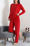 Kadın Fransız Kadife Enjeksiyon Baskı Pijama Takımı Kırmızı