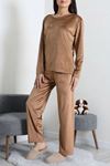 Kadın Fransız Kadife Enjeksiyon Baskı Pijama Takımı Camel