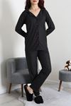 Kadın Süet Düğmeli Pijama Takımı Siyahpuanlı