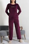 Kadın Fransız Kadife Enjeksiyon Baskı Pijama Takımı Mor