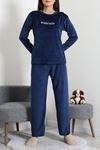 Kadın Fransız Kadife Enjeksiyon Baskı Pijama Takımı Lacivert