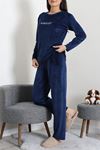 Kadın Fransız Kadife Enjeksiyon Baskı Pijama Takımı Lacivert