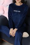 Kadın Fransız Kadife Enjeksiyon Baskı Pijama Takımı Lacivert