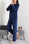 Kadın Fransız Kadife Enjeksiyon Baskı Pijama Takımı Lacivert